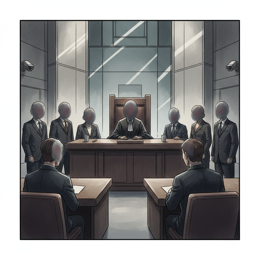 Modern high security courtroom sketch, blurred faces, serious atmosphere