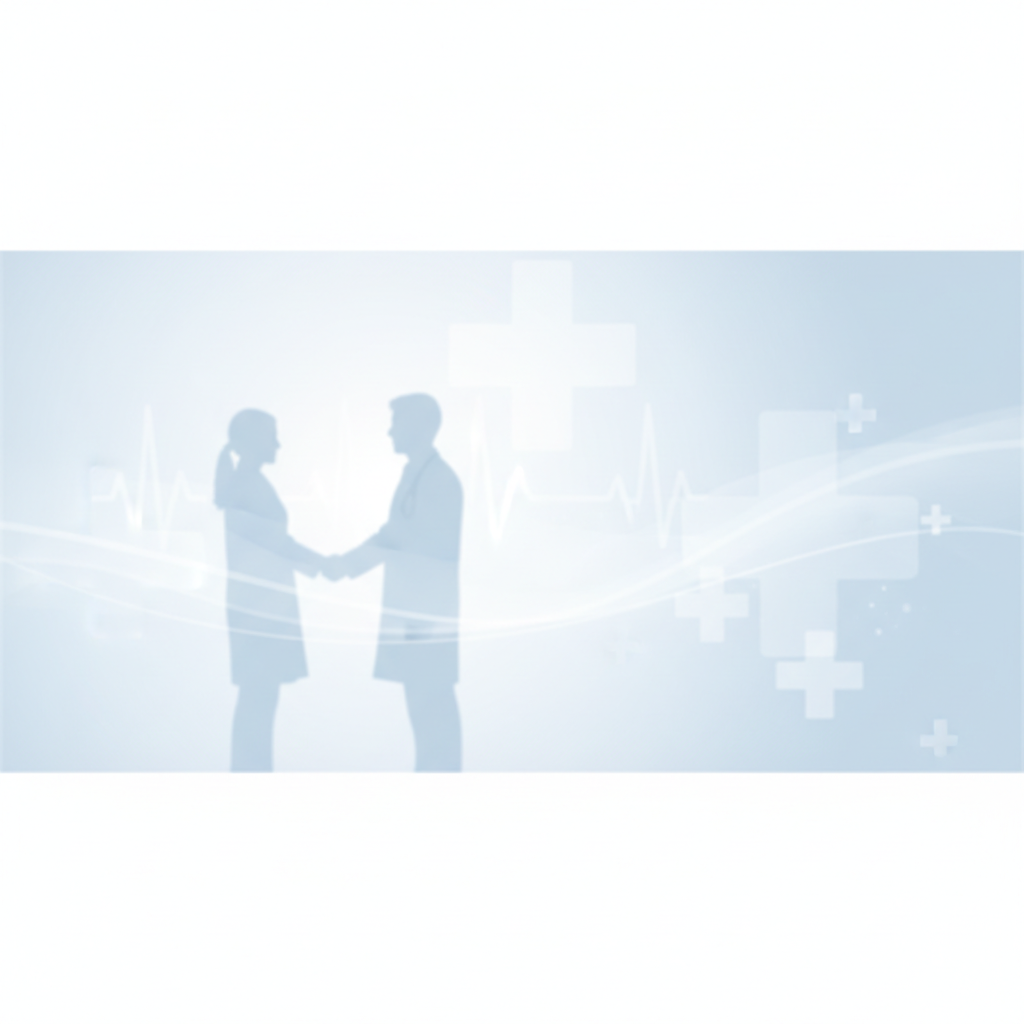 serene and hopeful medical background, very light blue, minimalist, doctor shaking hands with patient silhouette blur