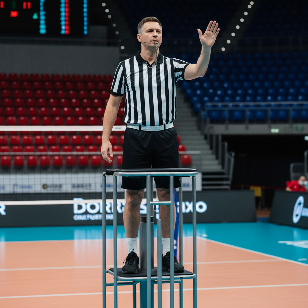 Volleyball referee standing on the referee stand, blowing a whistle, hand signal, professional sports uniform, indoor arena background, shallow depth of field