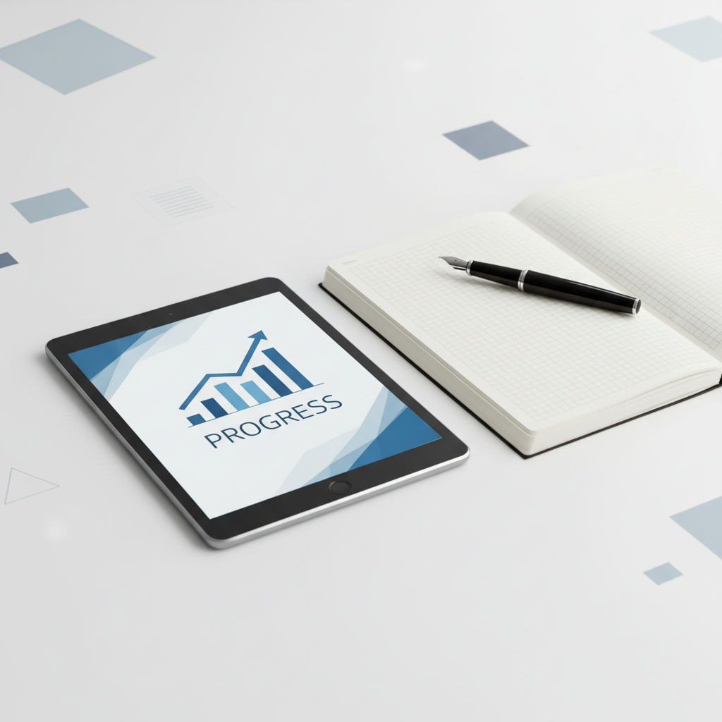 Minimalist digital tablet and notebook on a clean white desk, professional academic style