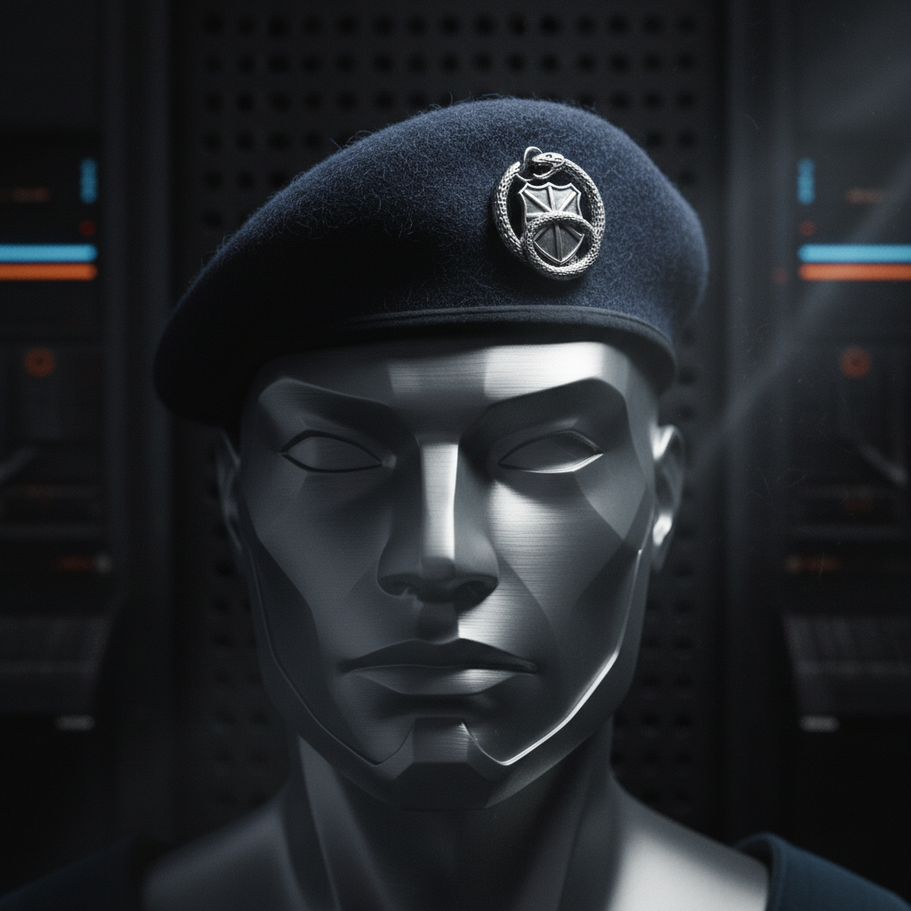 Military beret on a metal head, high quality fabric texture, metal clan badge pinned to the front, dark lighting, tactical gear aesthetic.