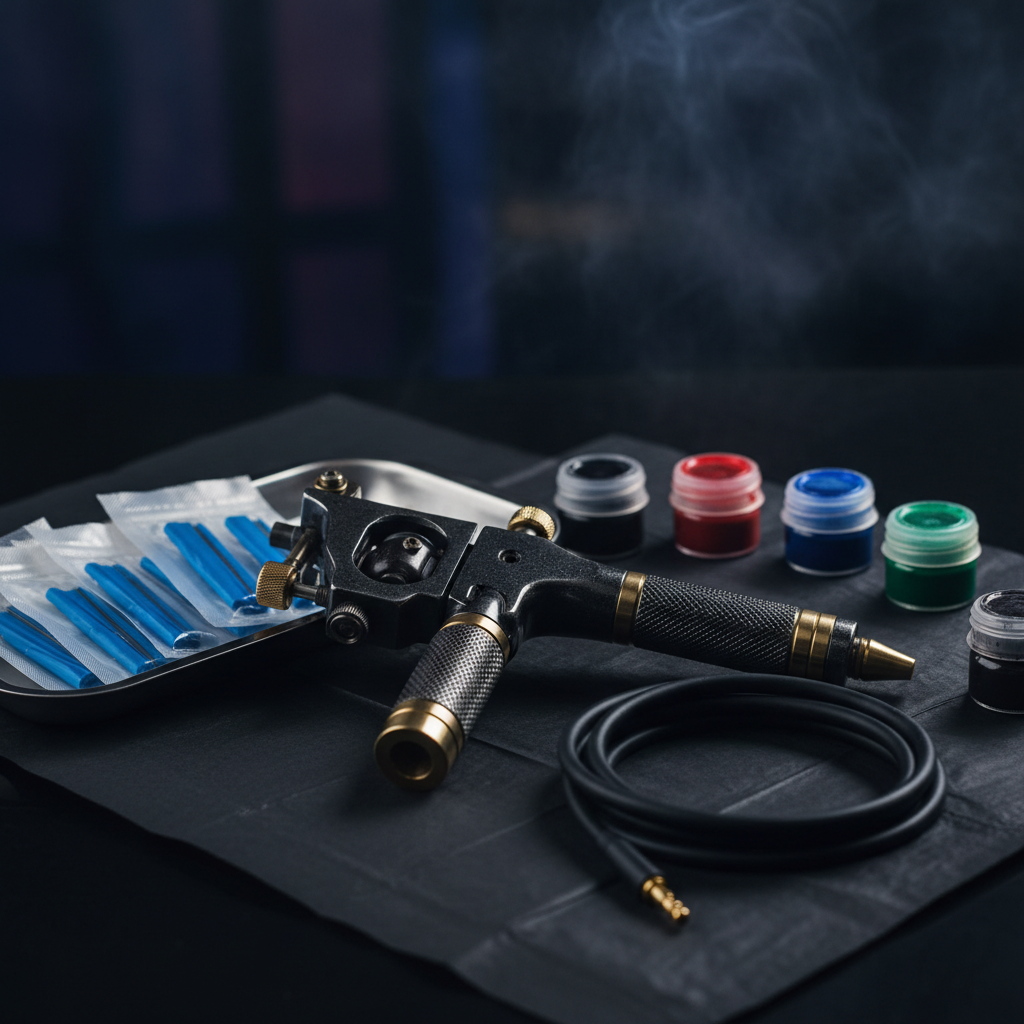 tattoo machine gun close up, ink caps, sterile setup, macro photography, moody dark lighting, professional equipment