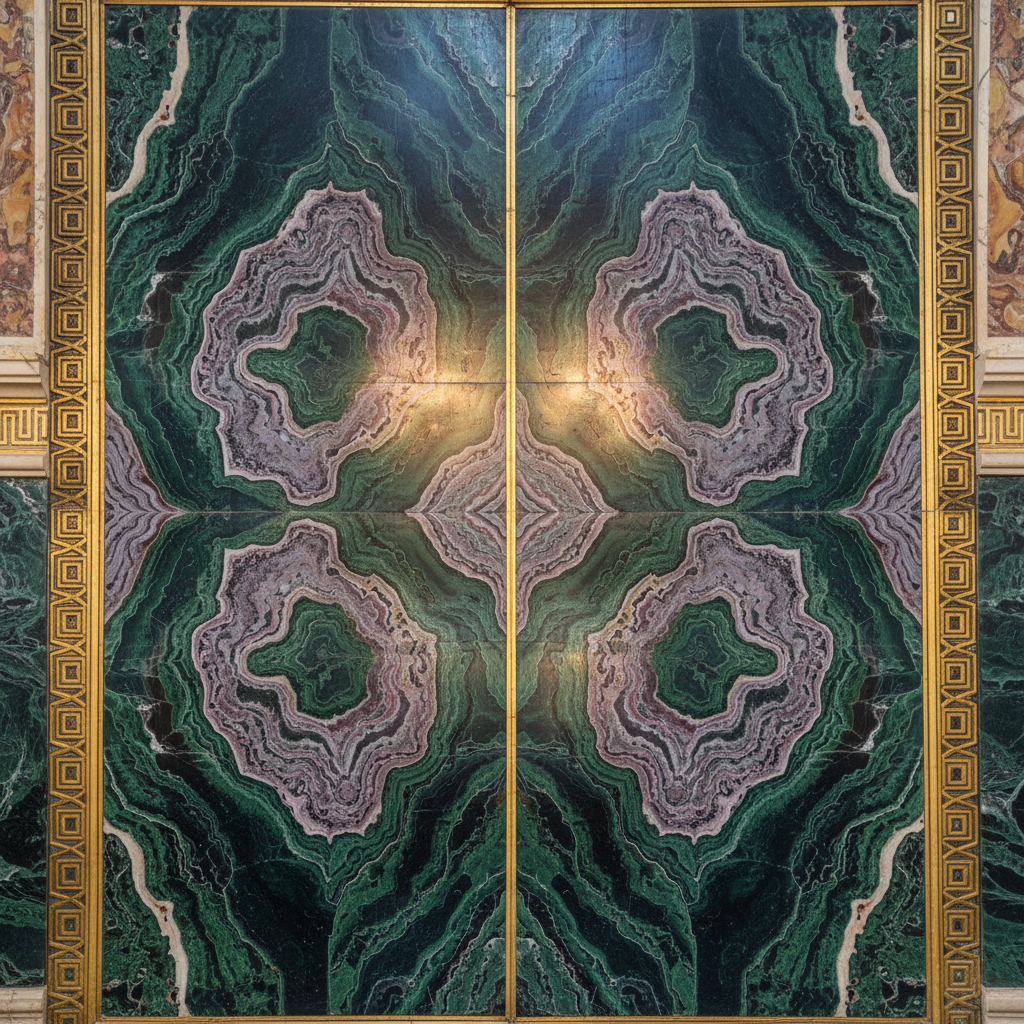 Interior detail of book-matched marble cladding on a Byzantine church wall, rich veins of green and purple marble, highly polished, golden trim