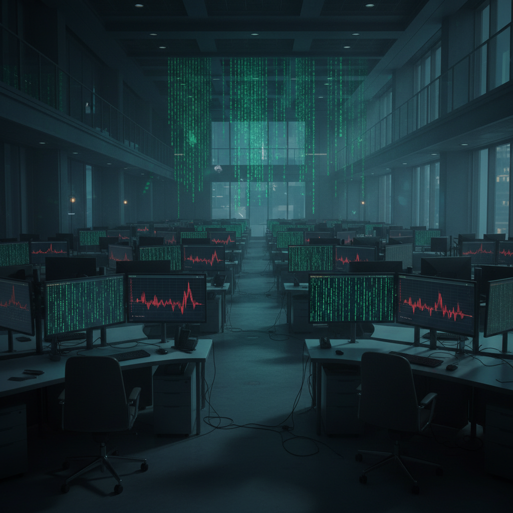 Cinematic photo of a dark, empty trading floor with computer screens glowing displaying binary code and red graphs, moody lighting