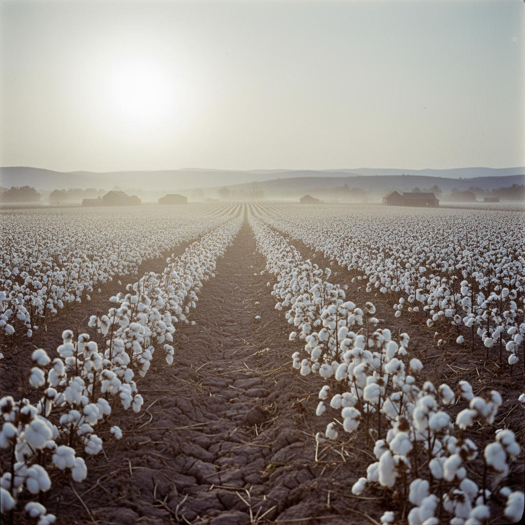 Vast cotton fields under a hot sun in the 19th century style, rural landscape, atmospheric perspective, no people
