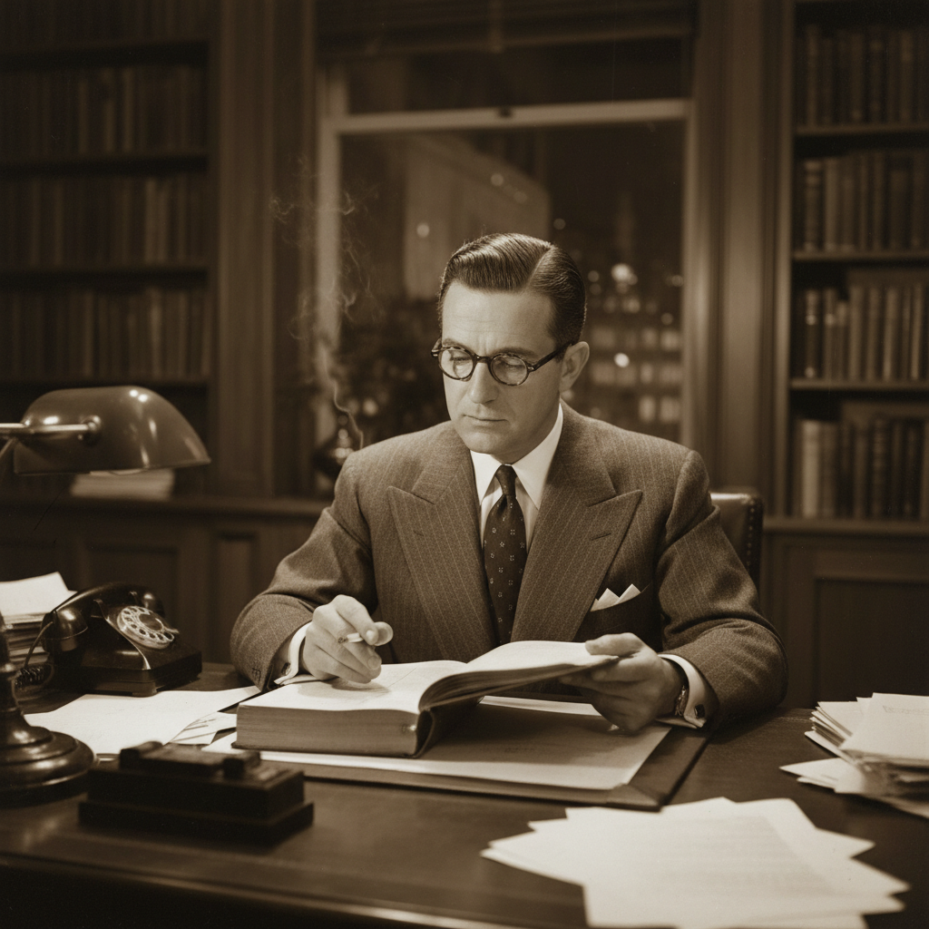 Meyer Lansky, suit and tie, intellectual look, reading a ledger, 1940s
