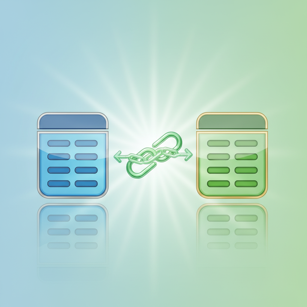 Diagram showing two database tables connected by a green chain link icon, symbolizing a relational link, 3D polished style