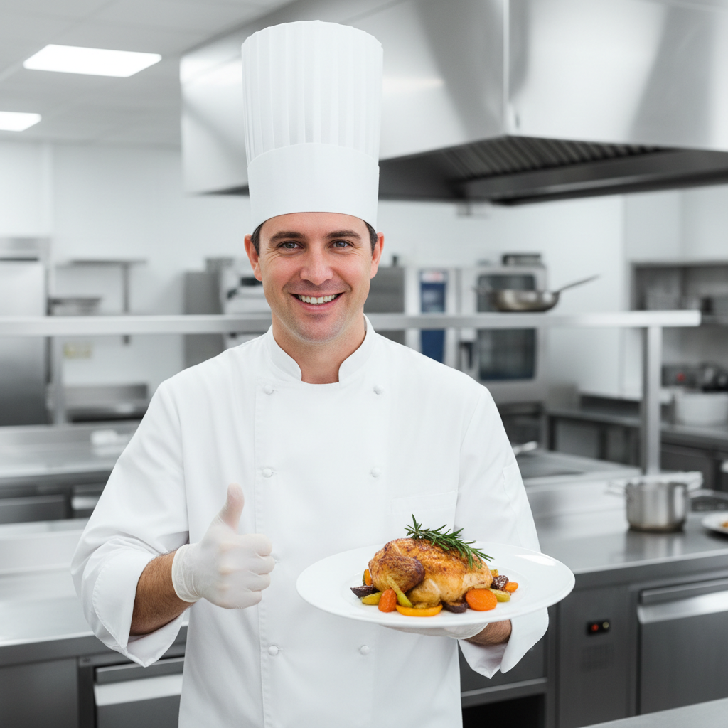 happy professional chef holding a perfect dish safely, clean kitchen environment, thumbs up or smiling, bright lighting