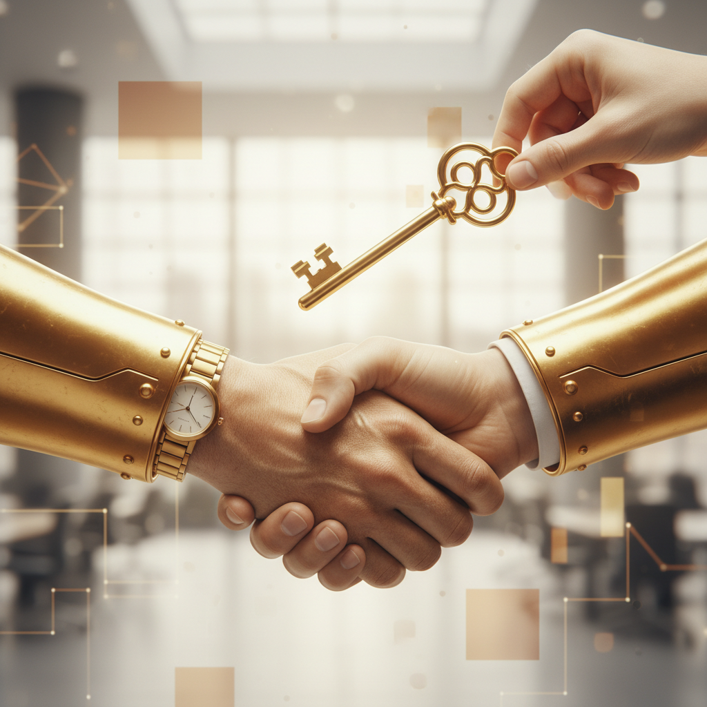 Golden handshake or a key being handed over, symbolizing trust and access, high quality corporate style