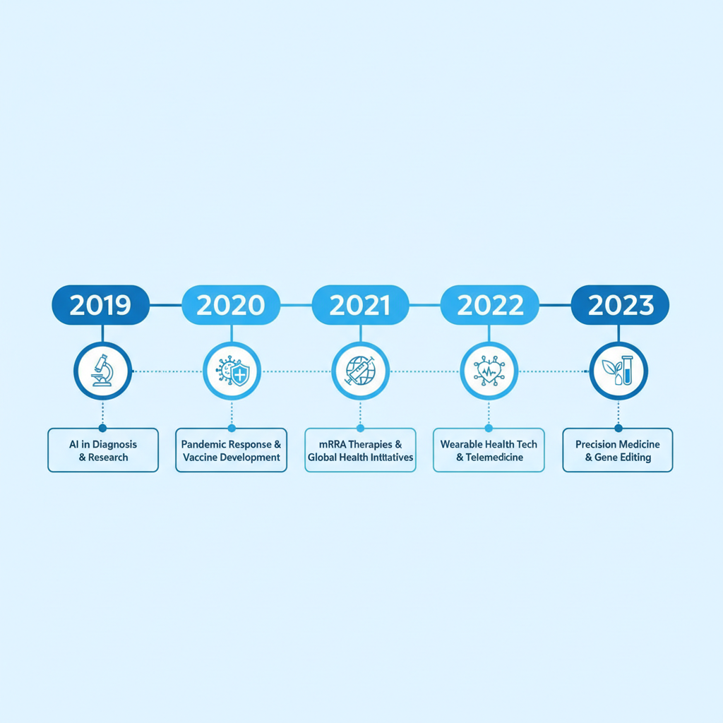 Timeline infographic style illustration focusing on medical history, 2019 to 2023, clean vector style, blue tones