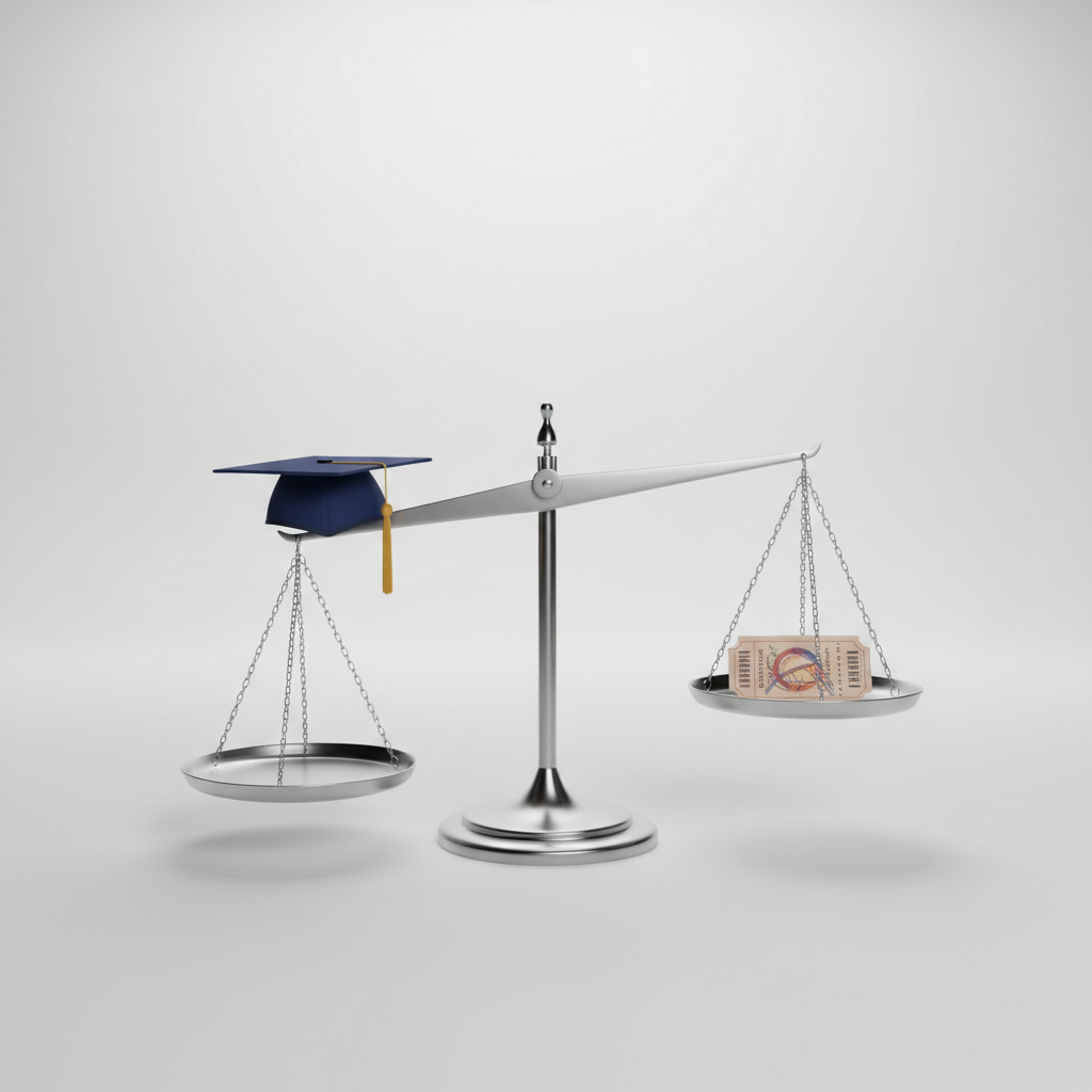 Conceptual comparison image, a balance scale with a graduate cap on one side and a rollercoaster ticket on the other, realizing a perfect balance, 3d render, clean background