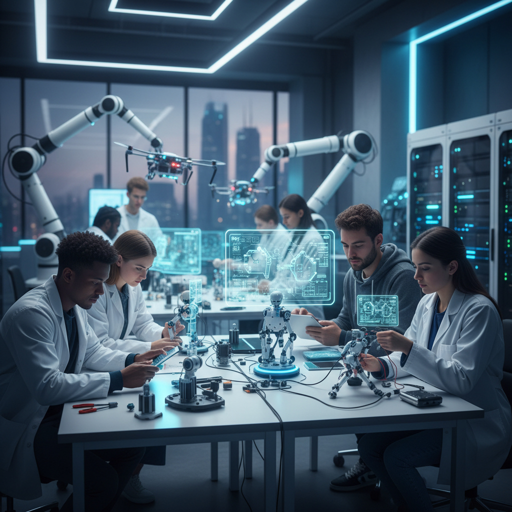 modern laboratory with students working on robotics, blurred background, high tech atmosphere
