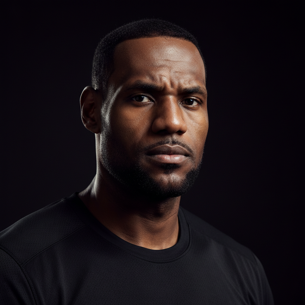 Close up portrait of LeBron James looking intense and focused, dark background