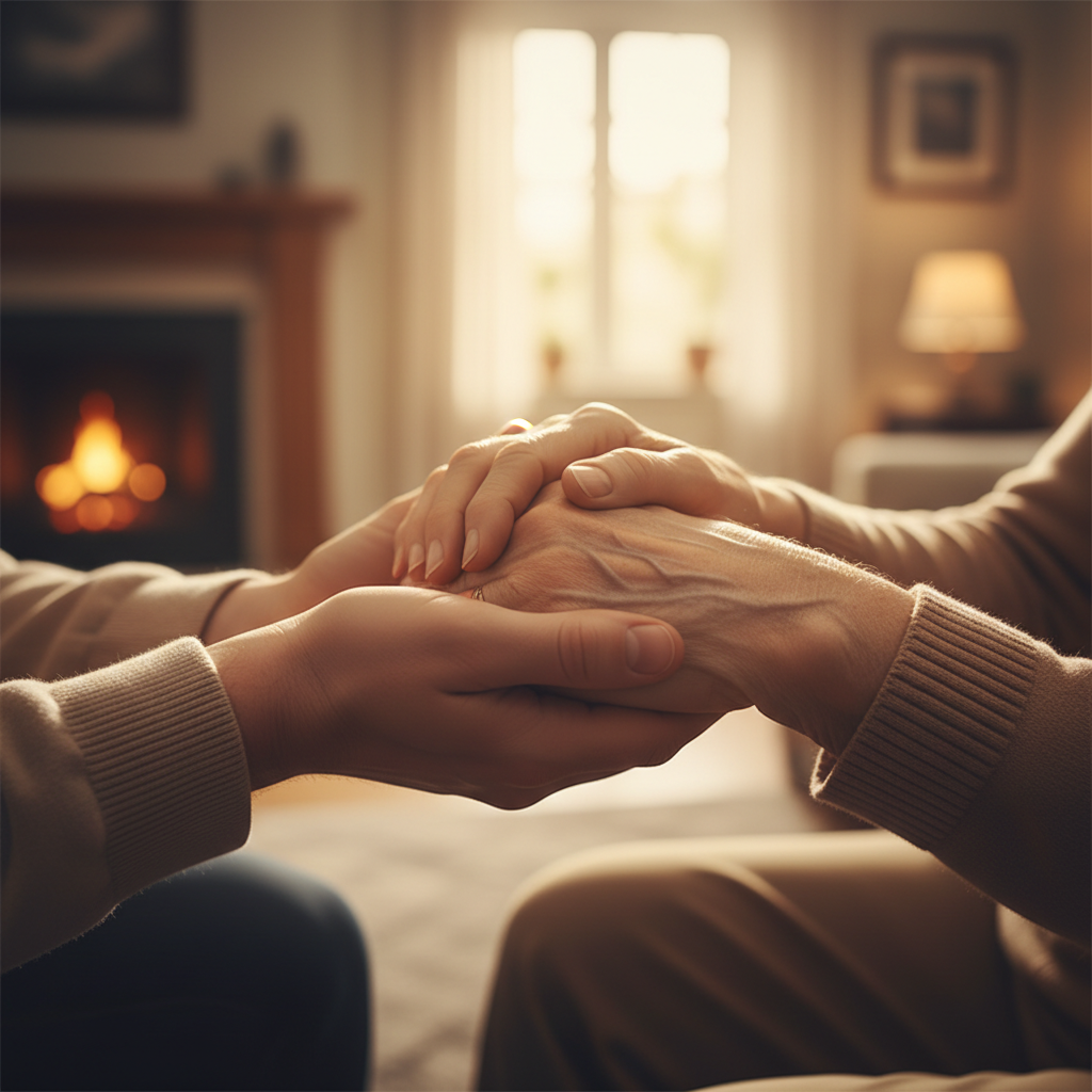caring hands holding elderly person's hands, close up, warm colors, symbol of support and protection, photorealistic