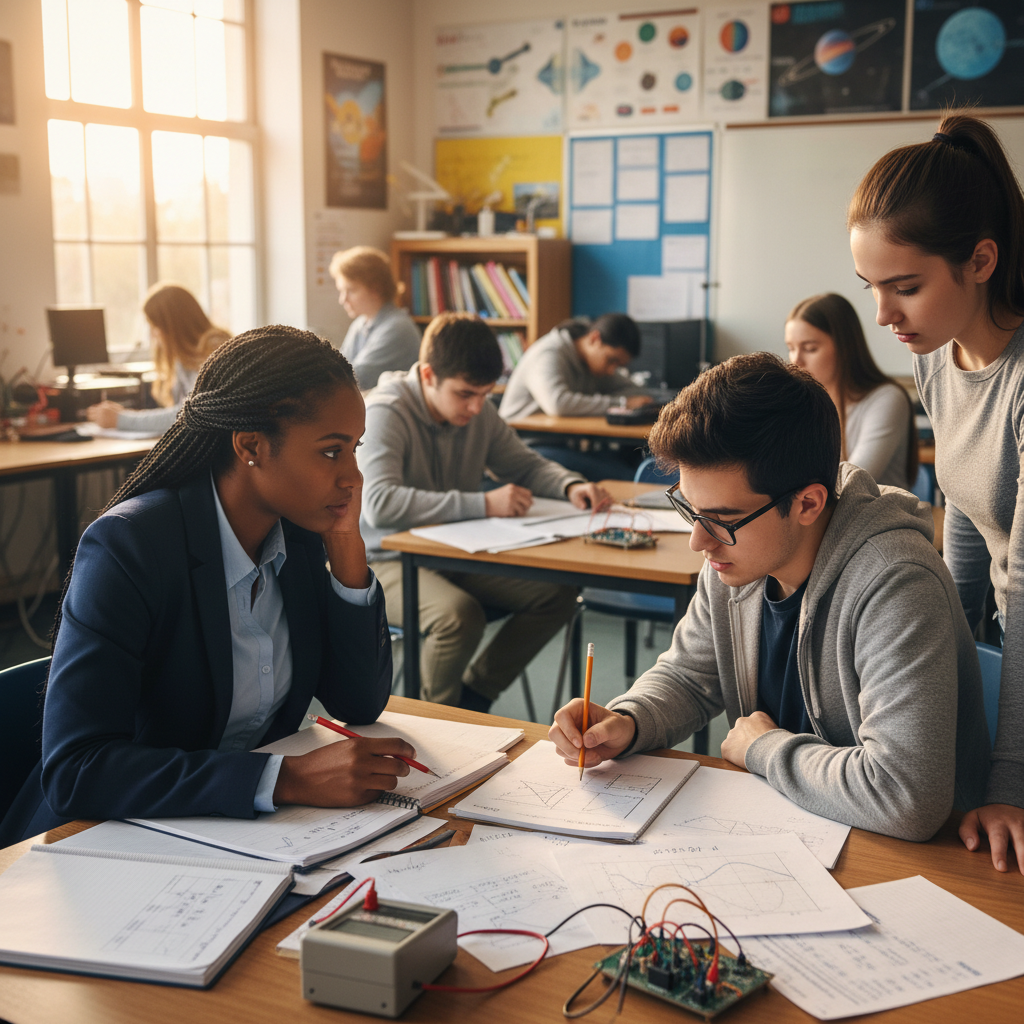 Classroom scene, teacher evaluating student physics lab work, focused atmosphere, educational setting, papers with graphs