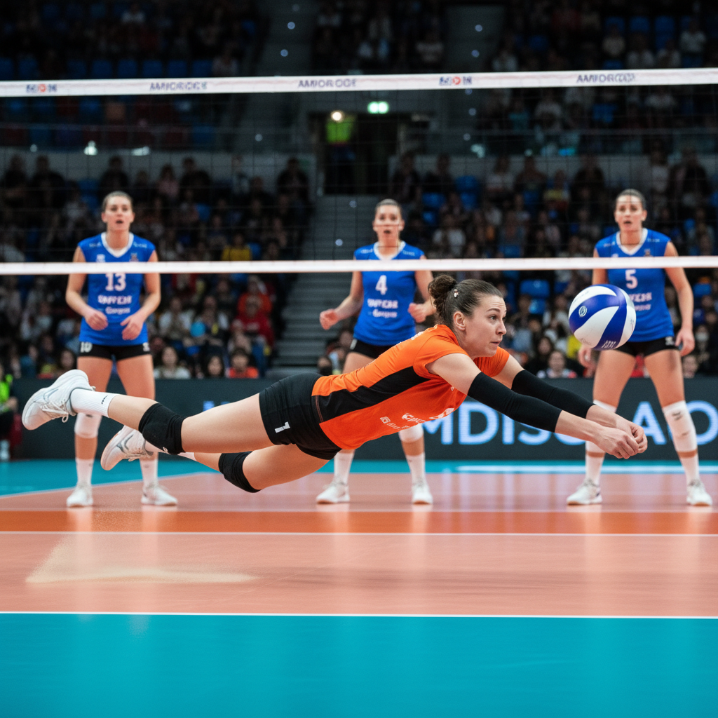 Volleyball libero player wearing a contrasting colored jersey diving for a ball, distinct from teammates, dynamic action shot