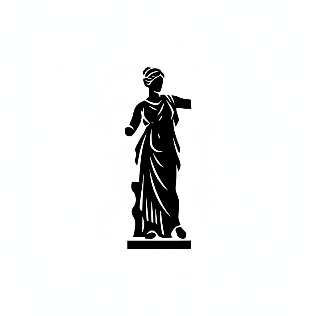 A solid black high-contrast silhouette of a classical greek statue standing against a pure white background, minimal vector art style