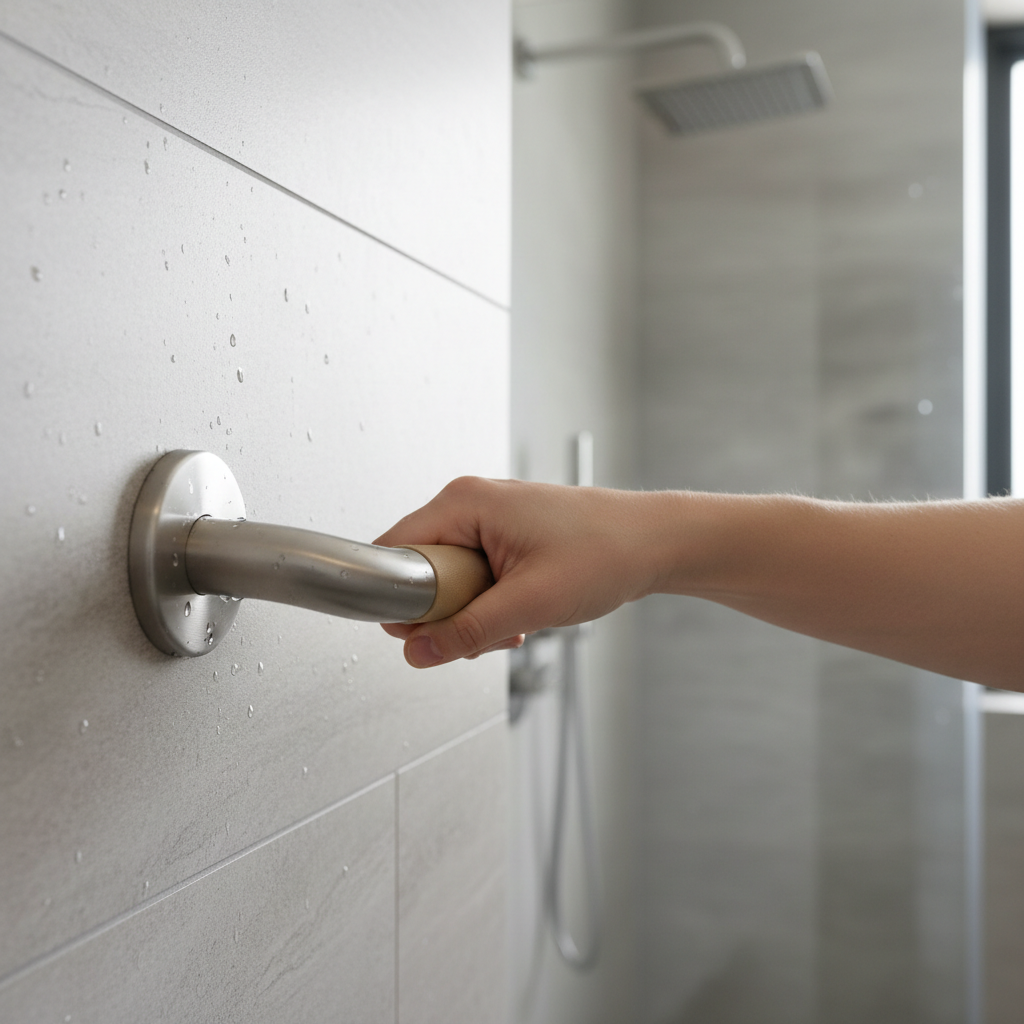Close up of a hand comfortably holding a beautiful, ergonomic support bar in a modern bathroom, symbolizing safety and comfort