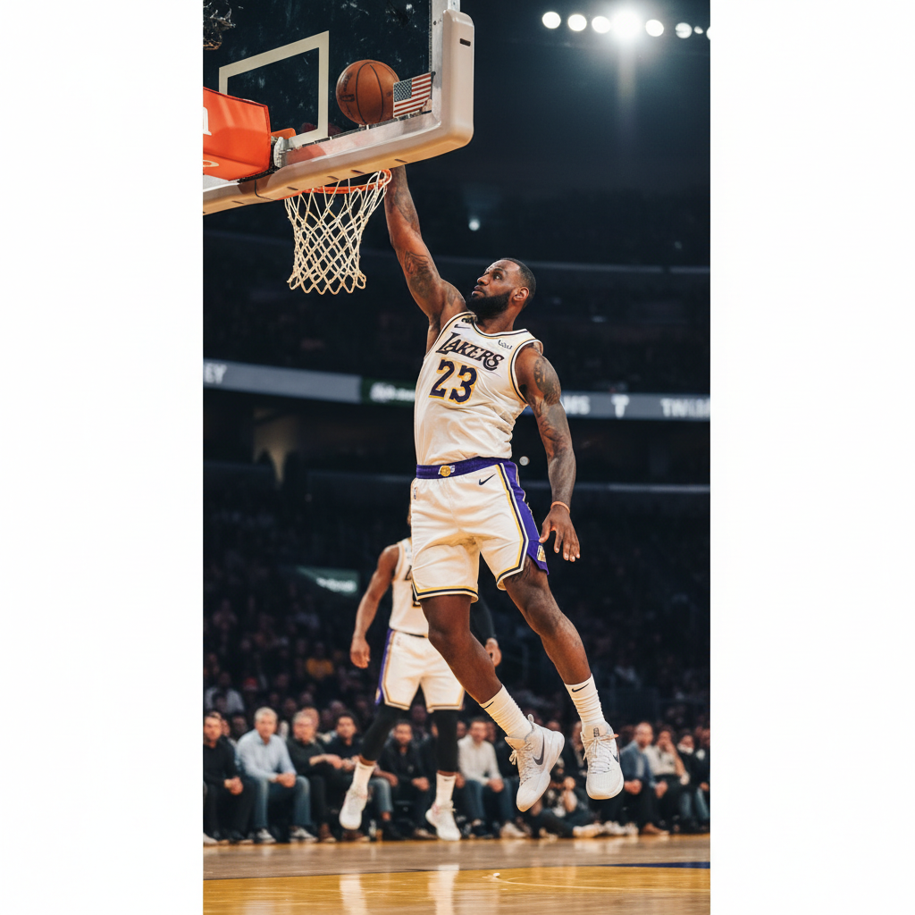 LeBron James jumping high to contest a layup at the rim, hand blocking the ball against the backboard, Lakers uniform