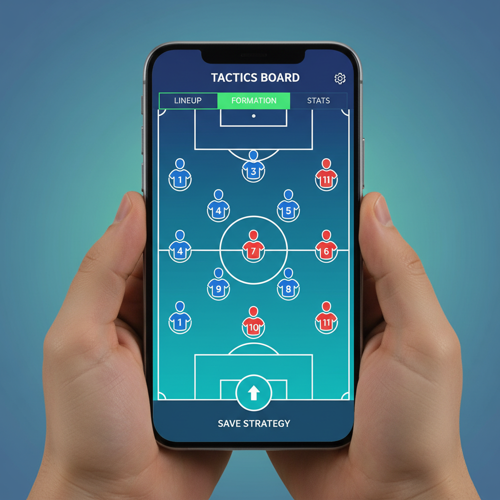 smartphone showing a football tactical lineup screen, soccer app interface, modern flat design