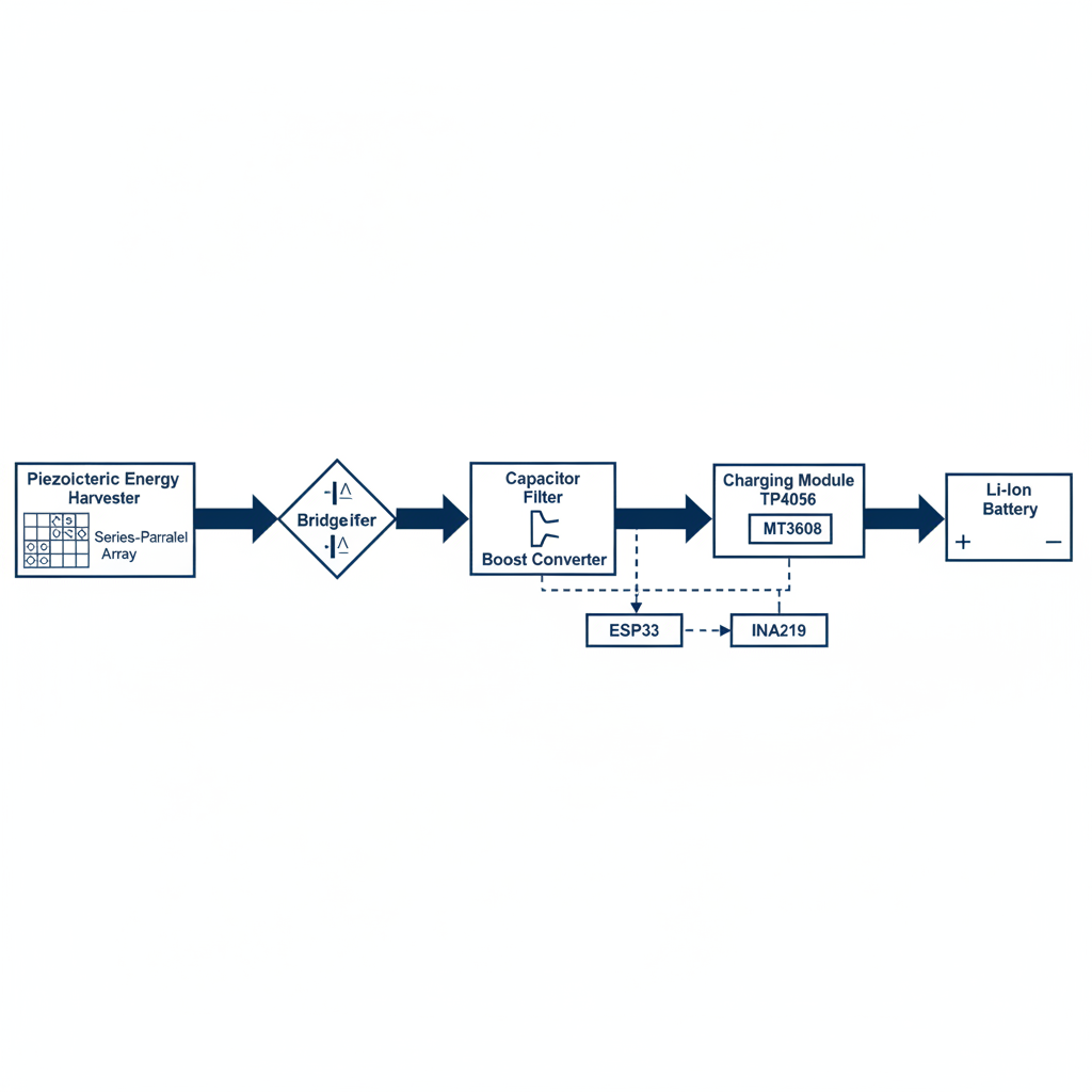 Technical block diagram of piezoelectric energy harvester: Piezo Series-Parallel Array leads to Bridge Rectifier, then Capacitor Filter, then Boost Converter MT3608, then Charging Module TP4056, and finally Li-Ion Battery. ESP32 and INA219 connected for monitoring. White background, schematic style.