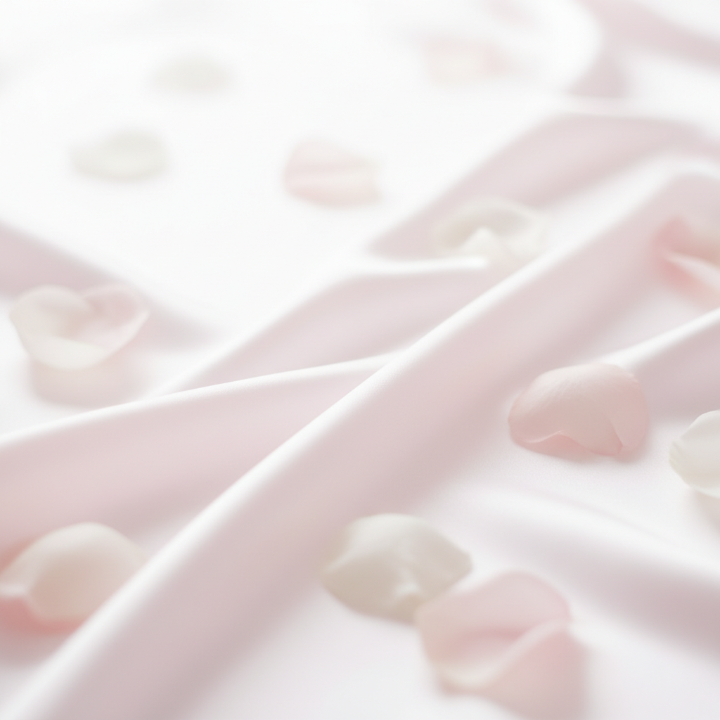 Soft focus abstract photography of delicate pale pink silk and rose petals, bright, airy, luxurious French aesthetic, high key, 8k