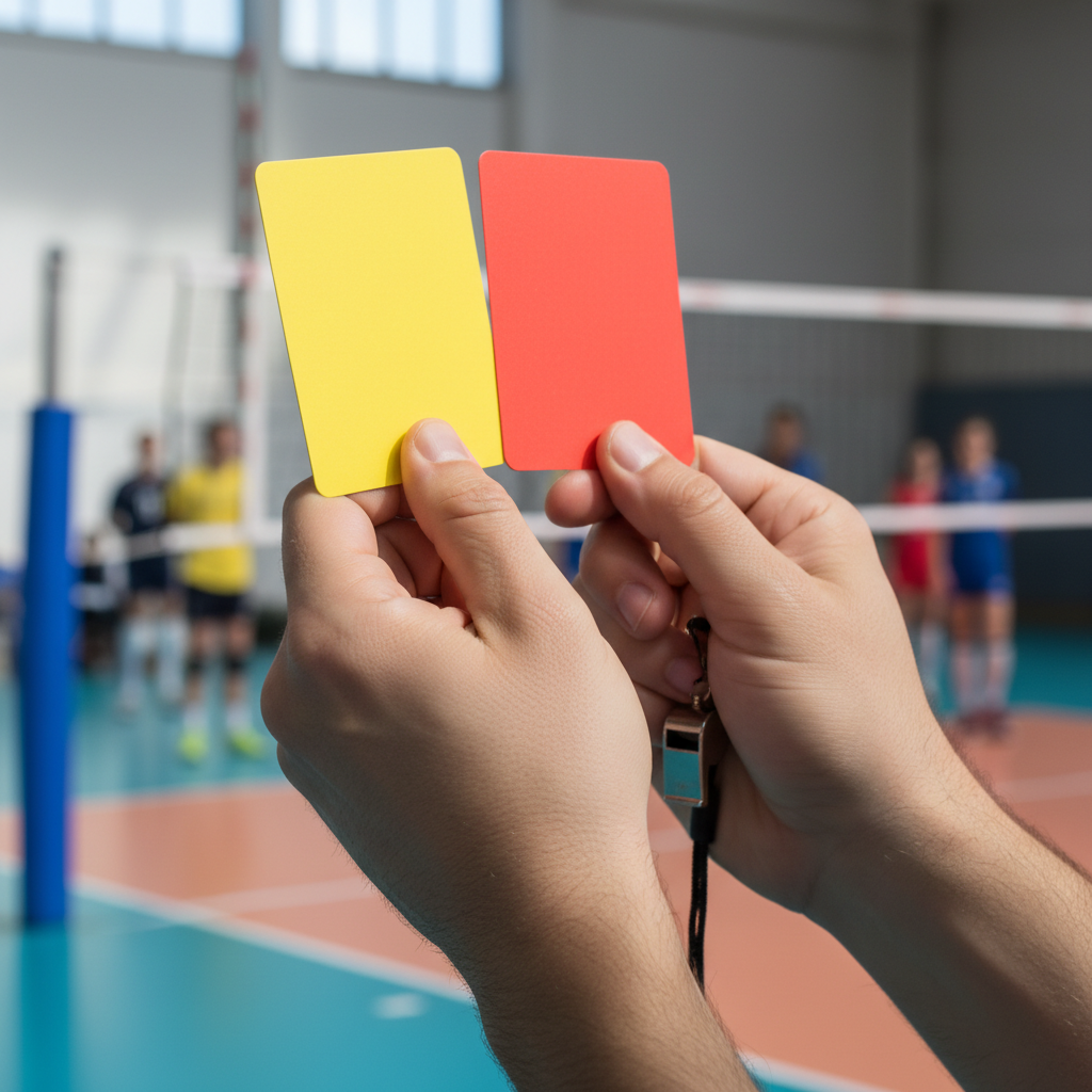 Volleyball referee holding a yellow and red card, close up hand detail, whistle, blurred volleyball court background