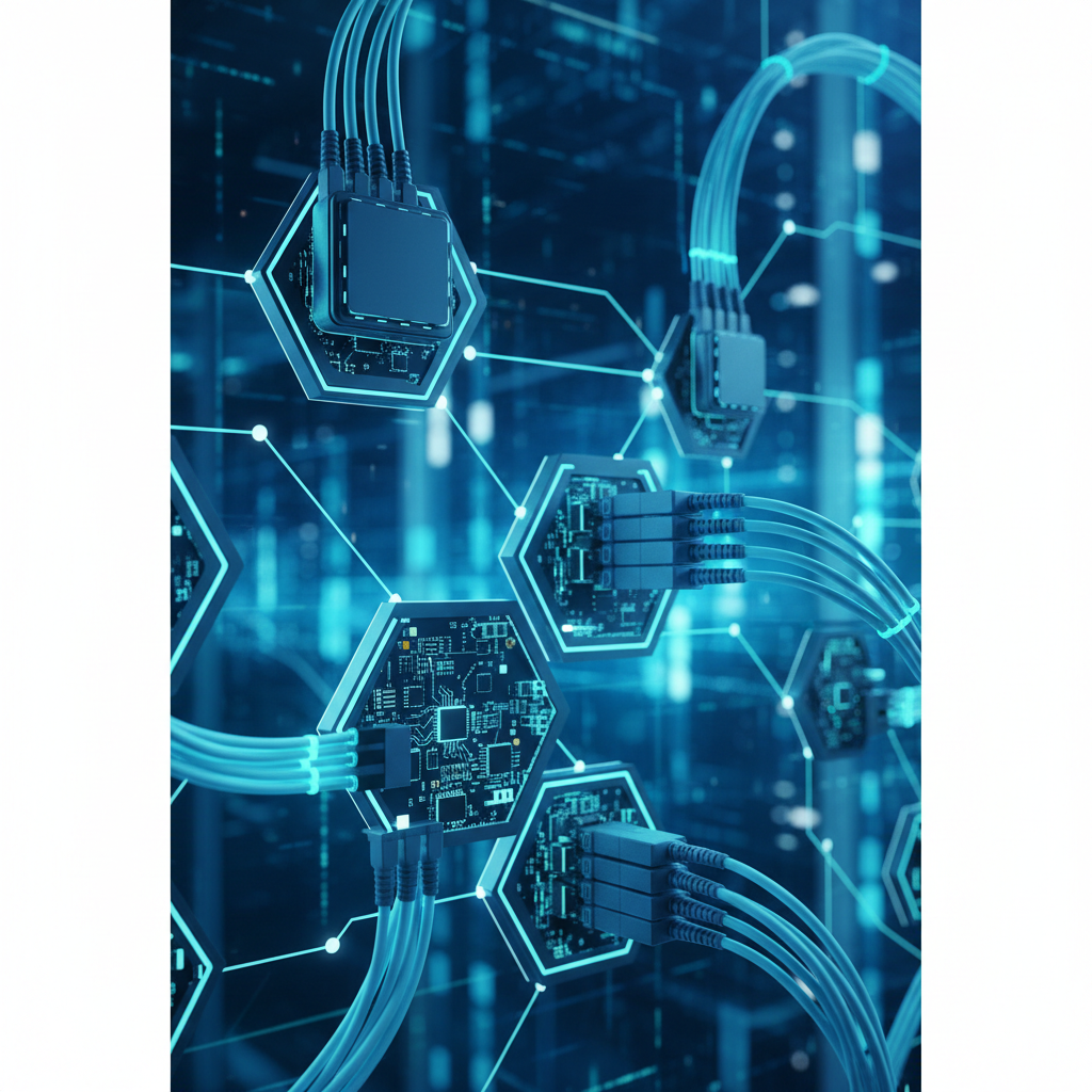 close up of server cables or digital network nodes connection, blue tones, high tech