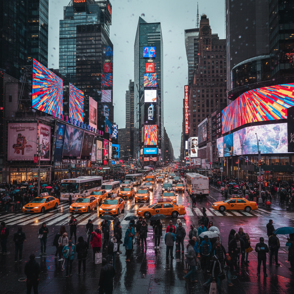 New York Times Square bustling scene, bright billboards, yellow taxis, modern energy, photorealistic