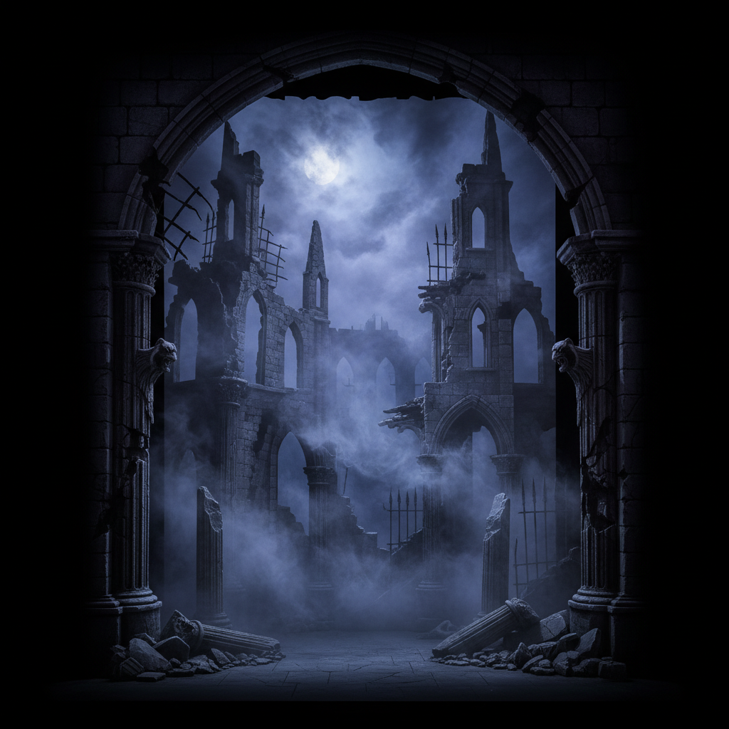 Gloomy gothic castle stage set, heavy fog, ruins, moonlighting, dramatic shadows, theatrical scenery design