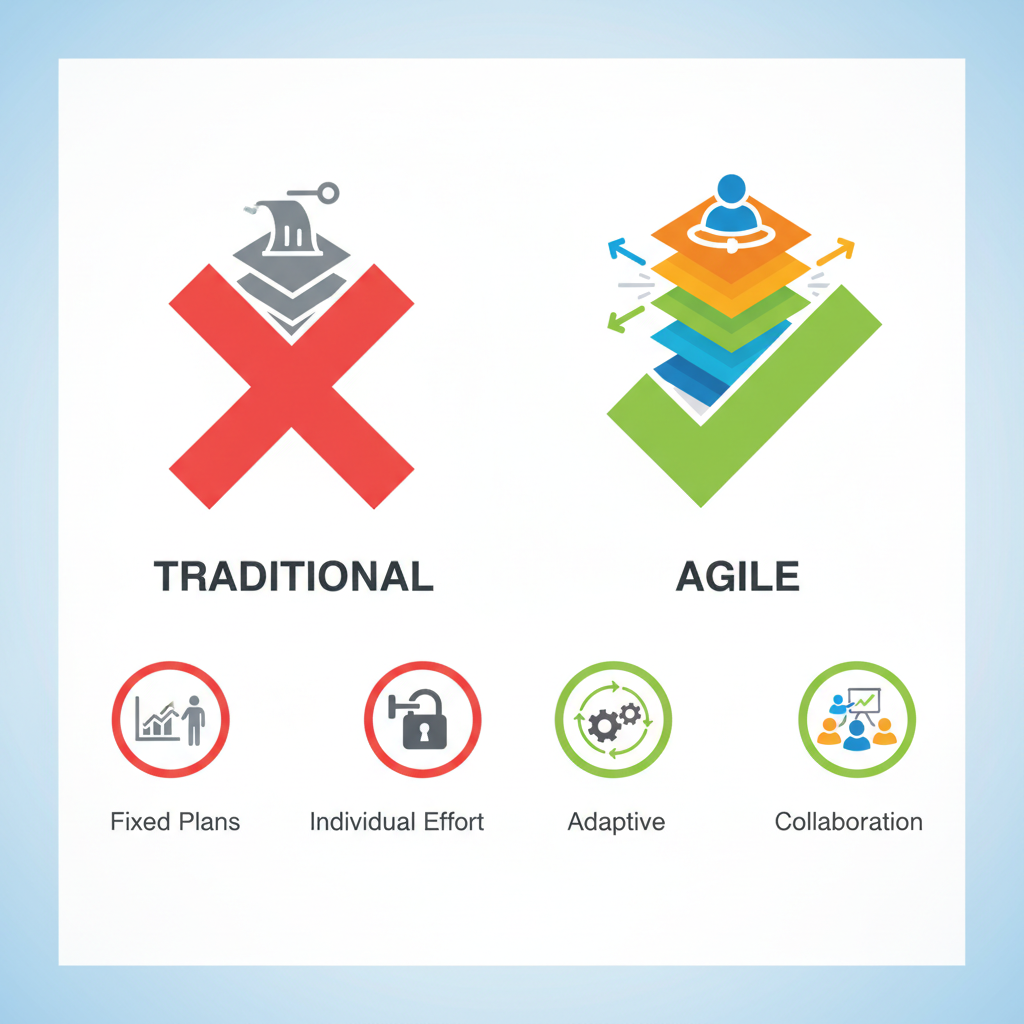 comparison icon infographic, cross red mark versus green check mark, agile principles, flat design