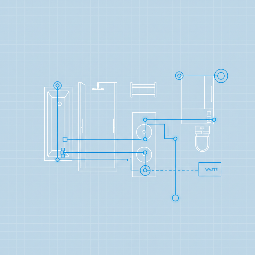 A modern architectural diagram overlay of a bathroom showing connected modular points, schematic style, blue and white