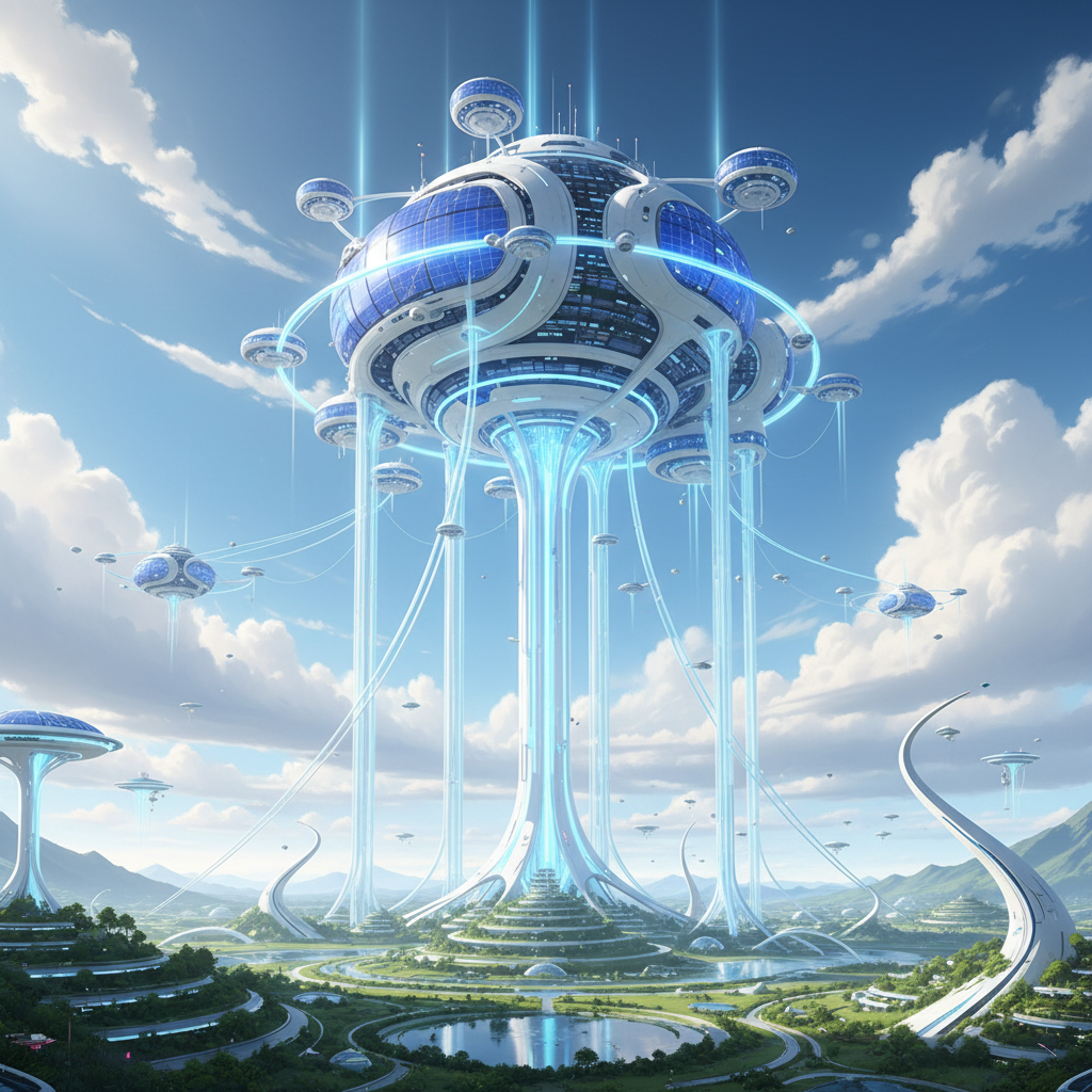 Futuristic cloud server floating in the sky, connected by light beams to the ground, clean white and bright blue aesthetic, solarpunk tech