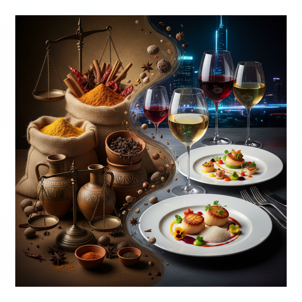 An artistic composition showing ancient spice sacks and ceramic jars on one side fading into modern wine glasses and gourmet plating on the other, representing history vs modernity