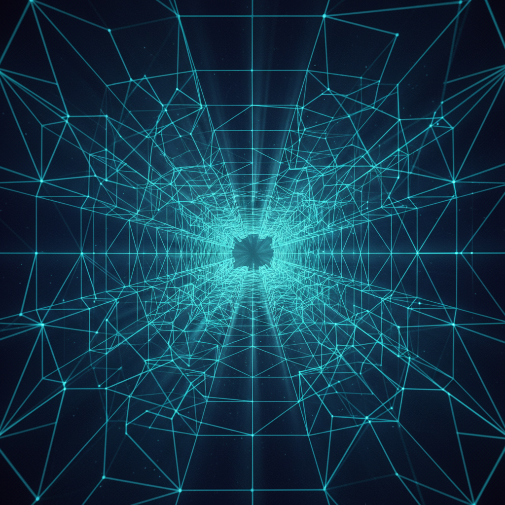 Abstract 3D mathematical wireframe grid, dark blue background, glowing cyan geometric lines, cinematic lighting, high quality, 4k