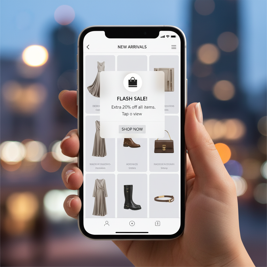 Close up of a modern smartphone displaying a sleek fashion shopping app interface, notification pop-up, held by a hand, blurred city background