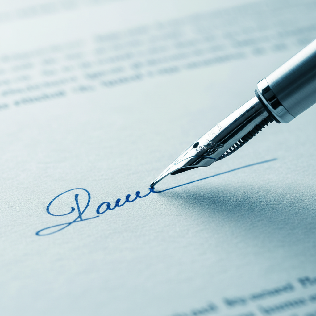 Close up macro shot of a fountain pen signing a formal document, elegant cool lighting, shallow depth of field, white and blue tones
