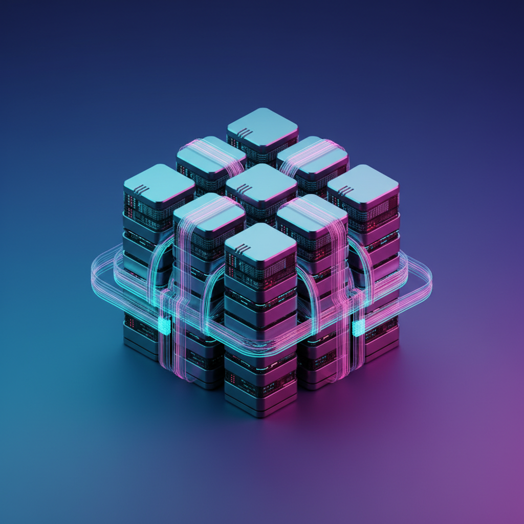futuristic isometric database servers connected by glowing optical fiber lines, cyan and magenta lighting, high tech 3d render, clean background