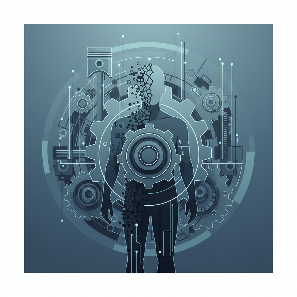Abstract artistic illustration of a human silhouette turning into a mechanical cog gear inside a large machine, minimalist, symbolic, blue and grey tones