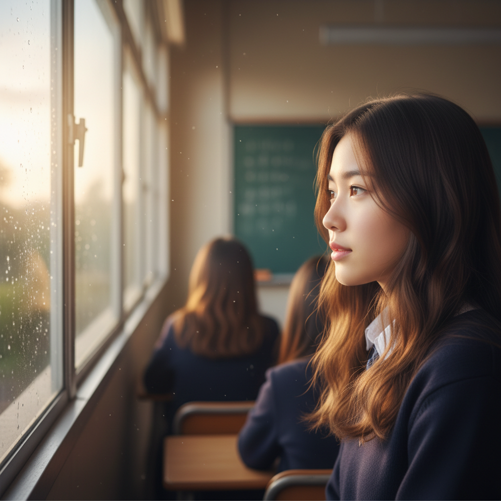 Close up photo of a student looking out of a classroom window while others look at the board, capturing the feeling of daydreaming, soft focus