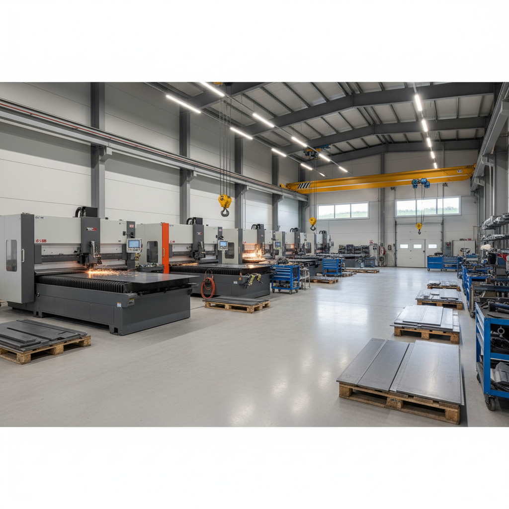 atelier de chaudronnerie industrielle moderne avec machines de découpe et pliage, propre et organisé