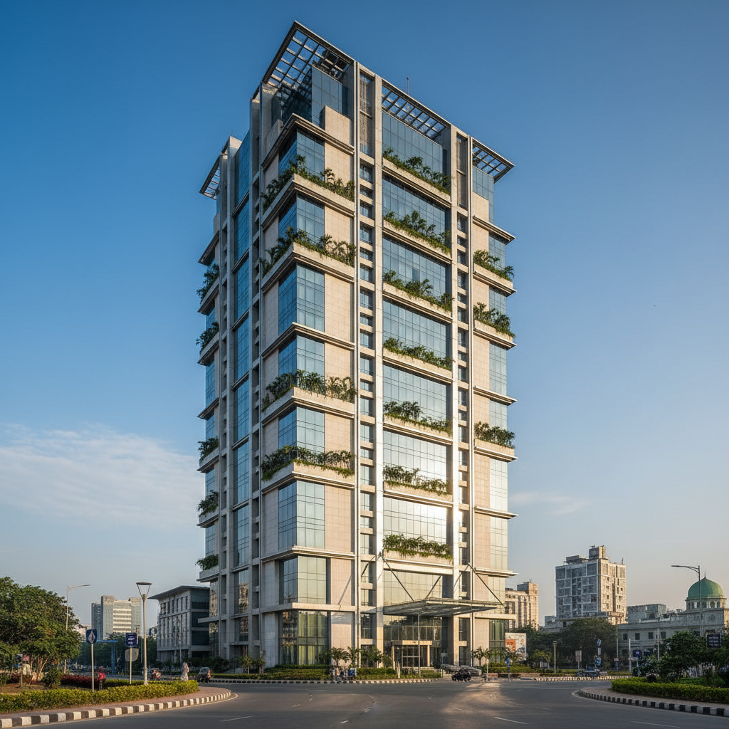 Modern corporate bank building in Dhaka Bangladesh against a blue sky, professional financial aesthetic, cinematic lighting, 8k