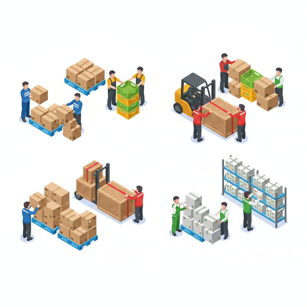 Isometric view of 4 groups of warehouse workers organizing boxes, color coded uniforms, clean white background