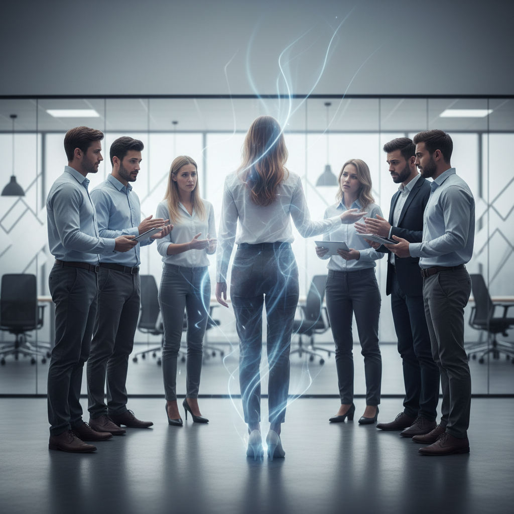 A group of office workers standing in a collaborative circle, one person in the foreground is slightly transparent and fading away like a ghost, conceptual photography, ethereal lighting, representing disconnection