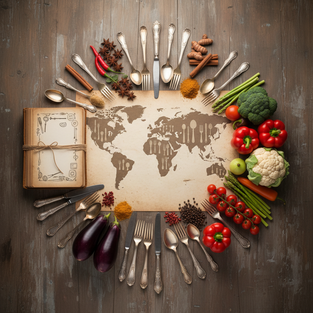 A conceptual flat lay photography showing different elements of cooking: a map, vintage cutlery, raw spices, a recipe book, and fresh vegetables arranged in a circle
