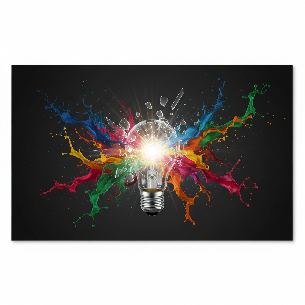 An exploding lightbulb with colorful paint splashes, symbolizing creativity and brilliant ideas, dark background for contrast