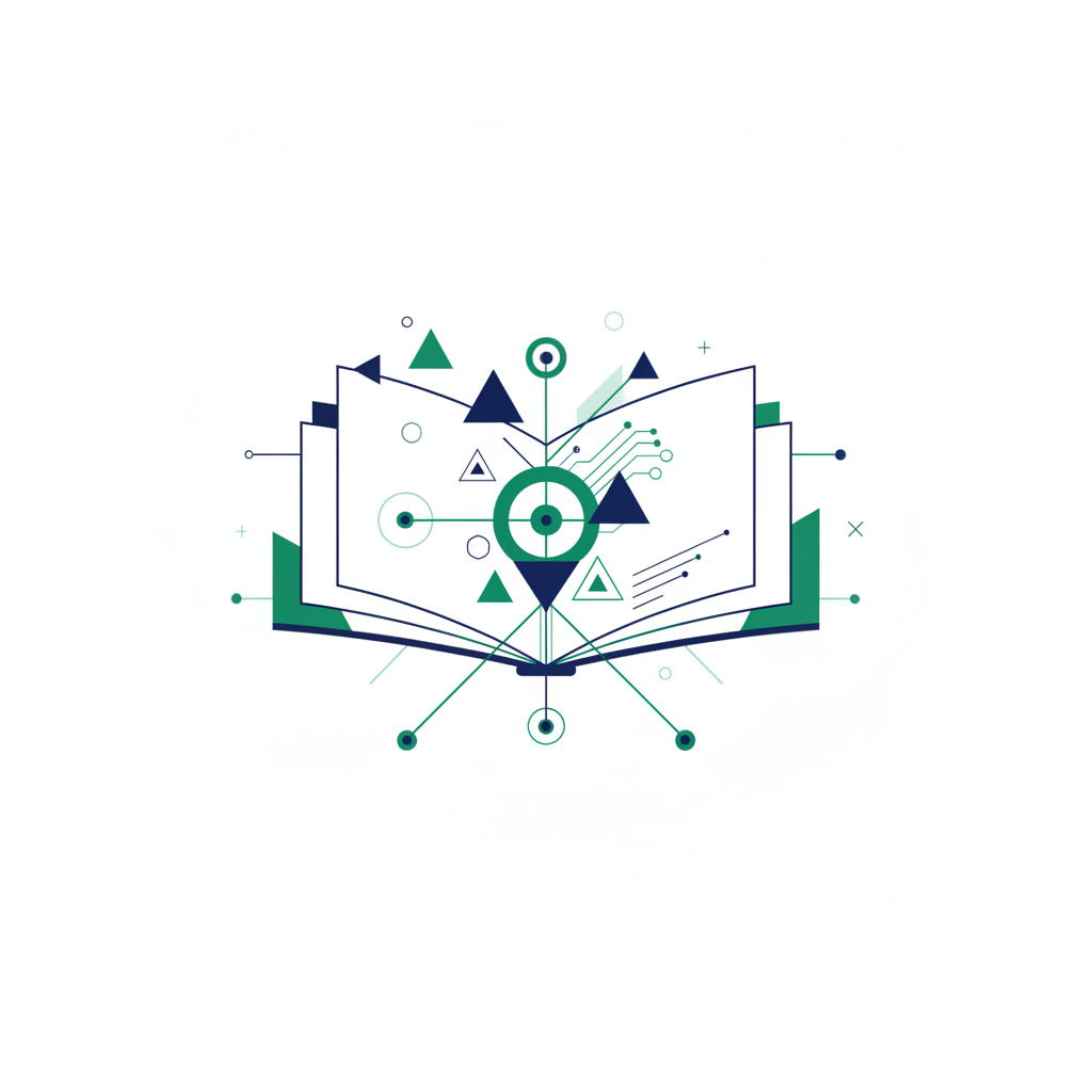 minimalist abstract network node or open digital book, navy blue and emerald green geometric shapes, white background, high quality, 4k