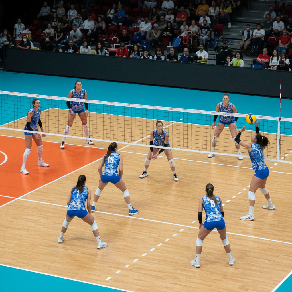 realistic photo of volleyball team serving, focus on players positioning on court, modern uniform, high angle view showing formation