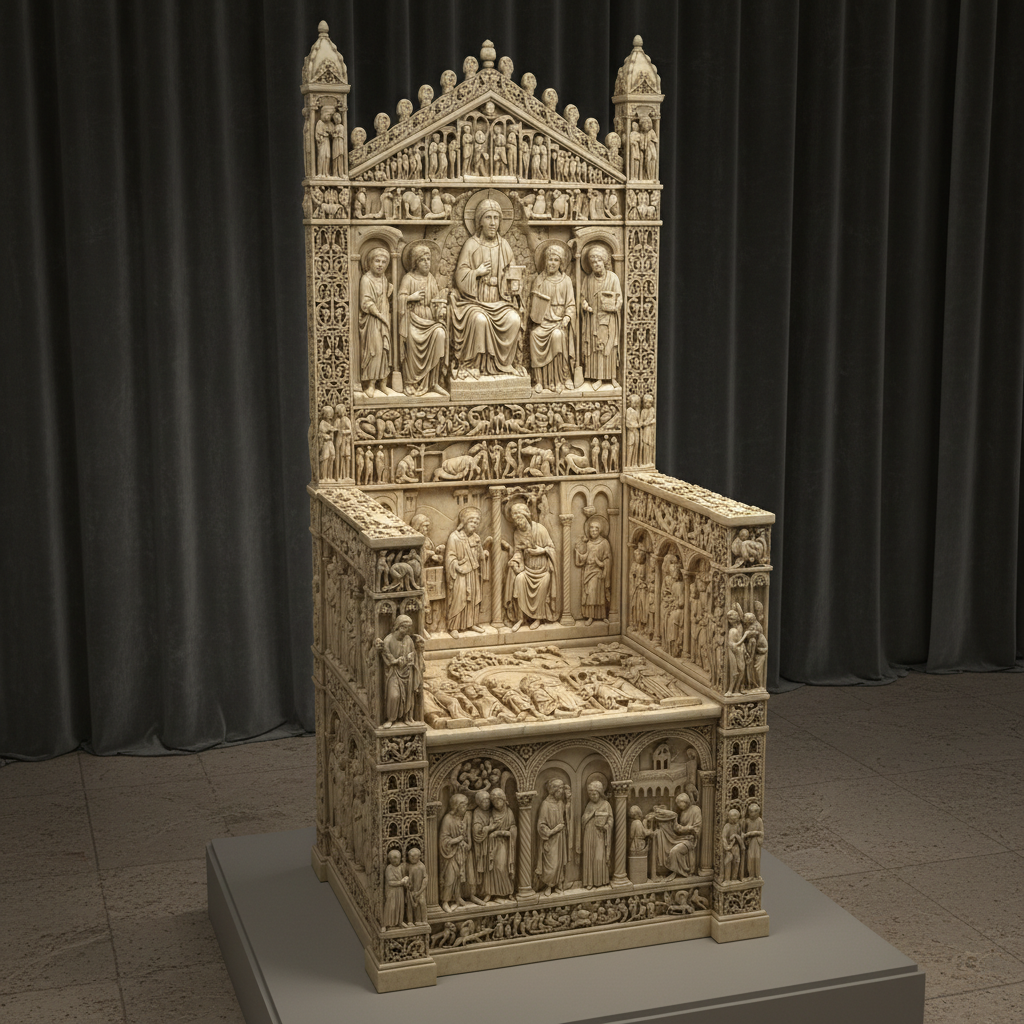 Full digital reconstruction of the Throne of Maximian, ivory panels, detailed carving, high angle view, museum setting, perfect lighting