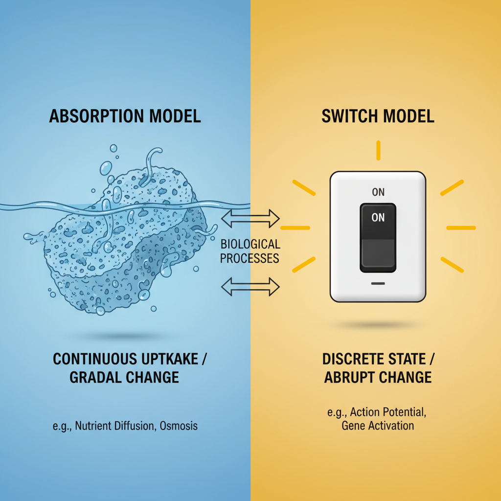 Diagram comparing two biological models: a sponge soaking up water vs a light switch turning on and off, metaphorical scientific illustration, clean style